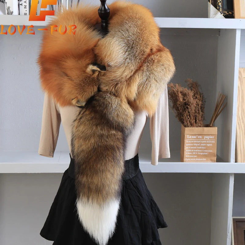 Real Mink Fur Fox Scarf Men Woman Winter Warm Natural Fur Shawl Soft Headscarf Super big Gray Silver Fox Scarf Fur Winter Warm Snow Clothes Accessories Supplies Female Ladies Winter Luxury Fashion Clothing Products