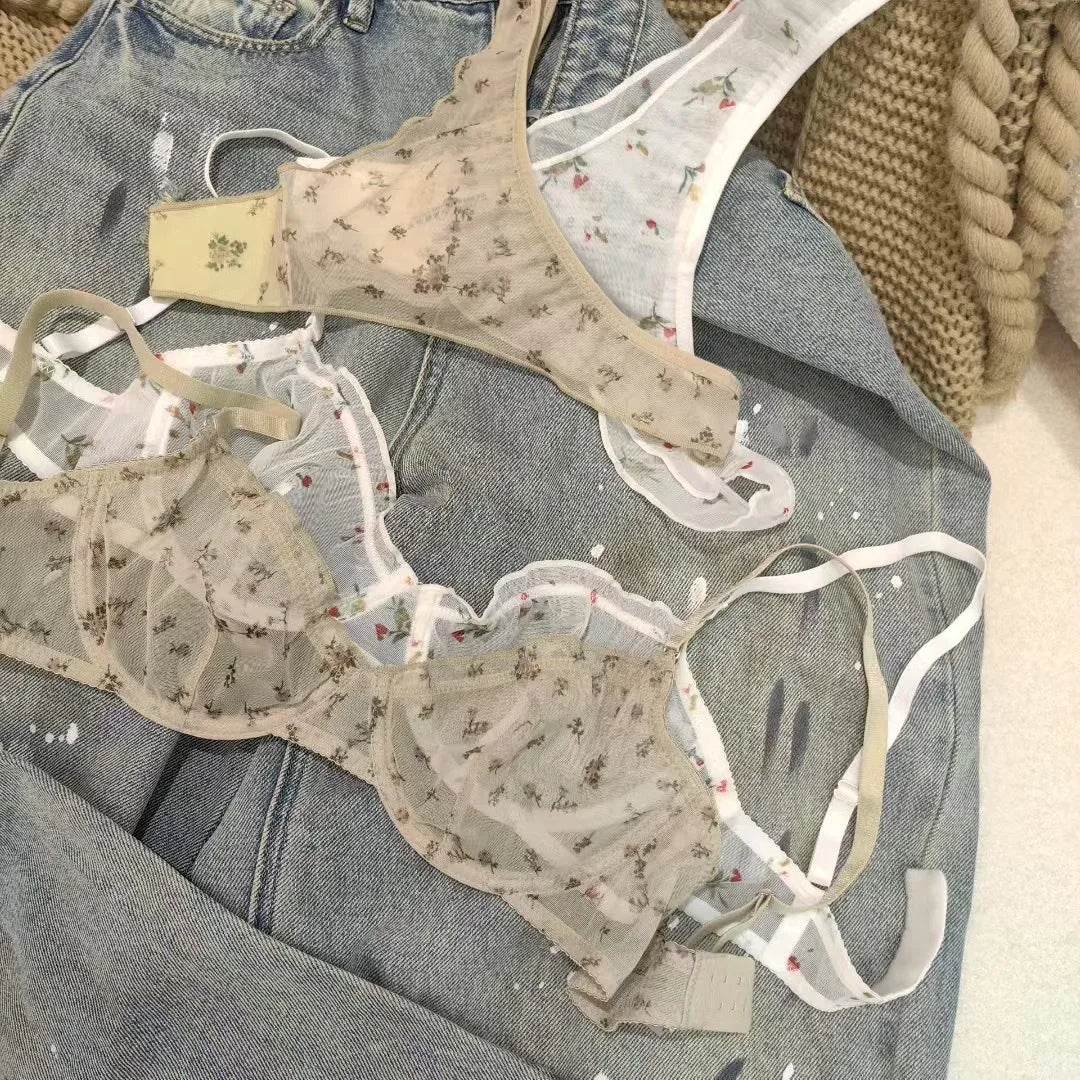 4 Colors New Fashion Floral Suit Women Lingerie Set Fashion Sexy Lace Bra French Ultra Thin Breathable Intimates Bralette Soft Underwear