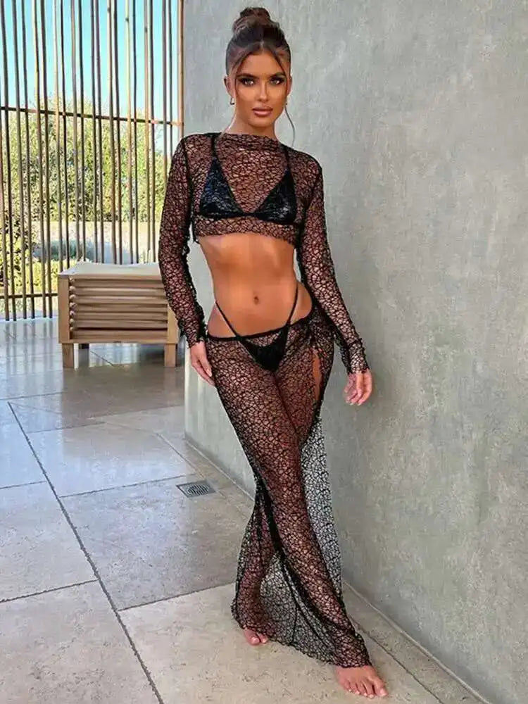NEW 2PCS Set 5 Colors Perspective Grid Sexy  Long Sleeve Top Split Long Skirt Women Set Elegant Casual Women Set