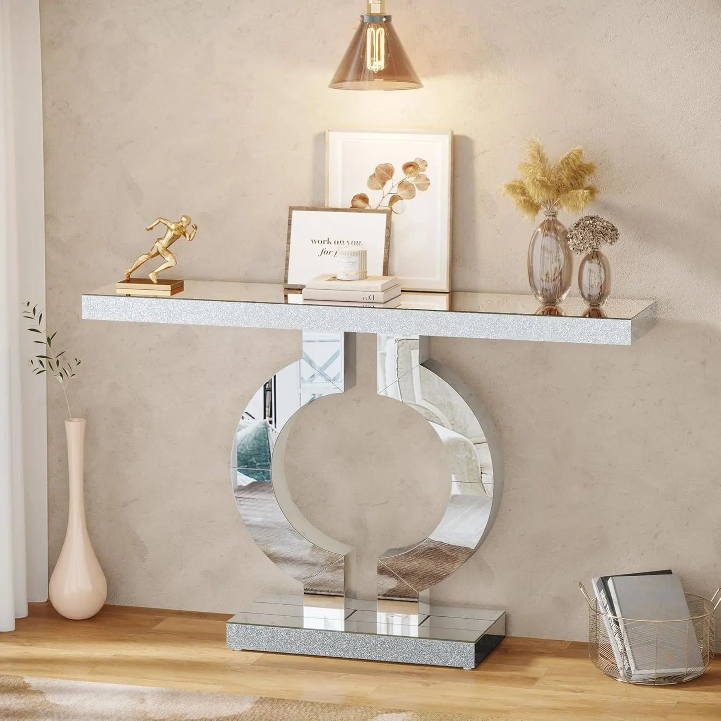Ivory/Black Color 43-Inch Luxury Modern Mirrored Console Table, Glass Sofa Table with Mirror Finish, Entryway Table with O-Shaped Base, Home Furniture Supplies