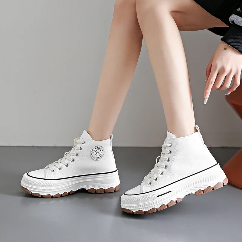 Women High Top Sneakers Lace-Up Casual Platform Height Canvas Non-slip Wear Resistant  Spring Female Vulcanize Shoes