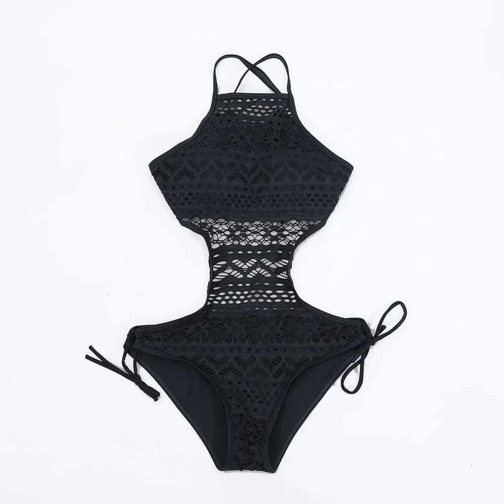 New Women Swimsuit One Pieces Swimwear Female Sexy Hollow Monokini Lace Halter Bathing Suit Pad Beachwear Solid Bodysuit