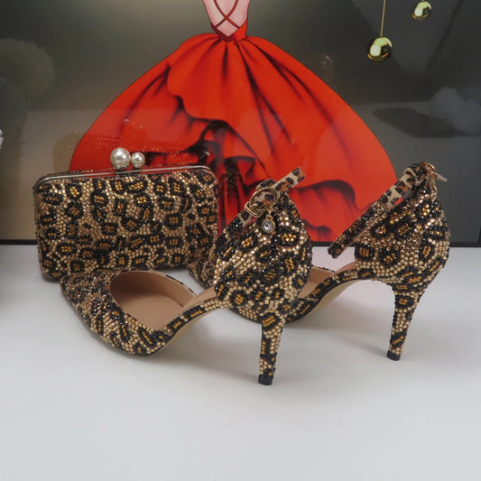 NEW Arrivals Luxury Fashion Pointed Toe Leopard Bridal Shoes Set with Bags Evening Wedding Party Night Business Dinner Summer Sandals  Woman Ankle Strap Buckle Shoes  Bag Thin High Heels Ladies Luxury Fashion Clothing Supplie
