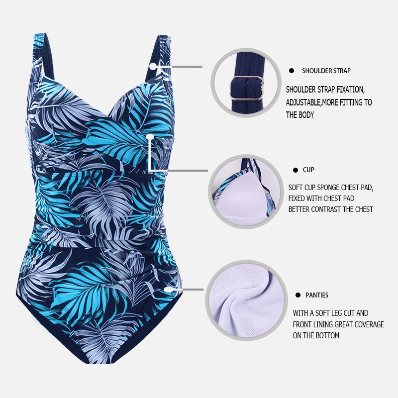 Blue Print Women One Piece Swimsuit Sexy Plus Size Push Up Bathing Suit Tummy Control Bodysuit Swimwear