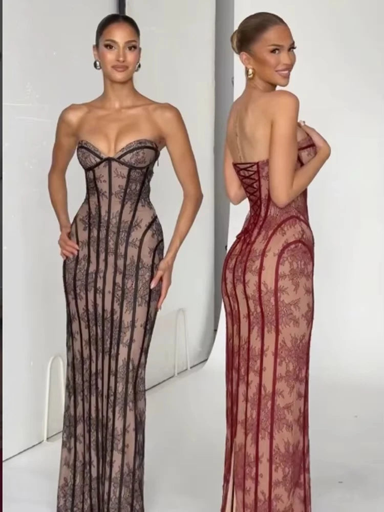 Black/Red Color French Style Chic Gauze  Strapless Sexy Maxi Dress Women Backless Off-Shoulder Waist Cinching Slim Lady Evening Party Gowns