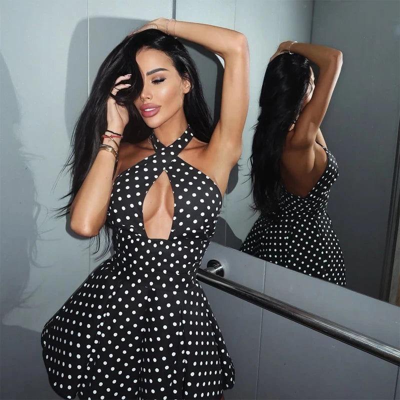 Polka Dot Halter Mini Dress Women Fashion Backless Sleeveless Off-Shoulder Hollow Out Slim Short  Lady Party Gown