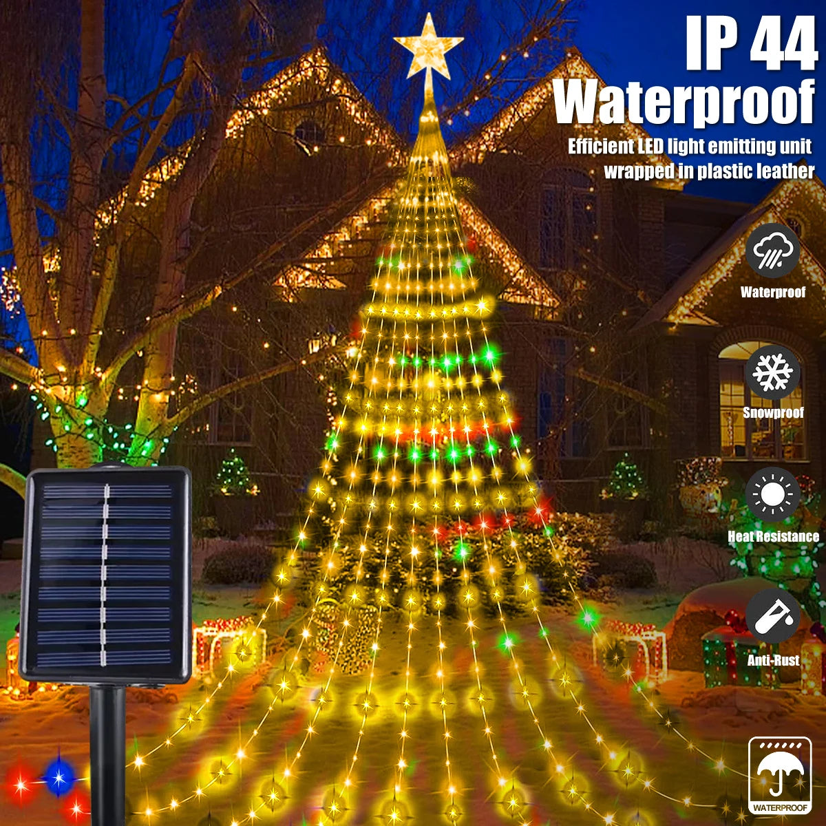 NEW Solar Christmas Decoration Star String Lights 3M 8 Modes Waterfall Christmas Tree Fairy Lights for Outdoor Wedding Holiday