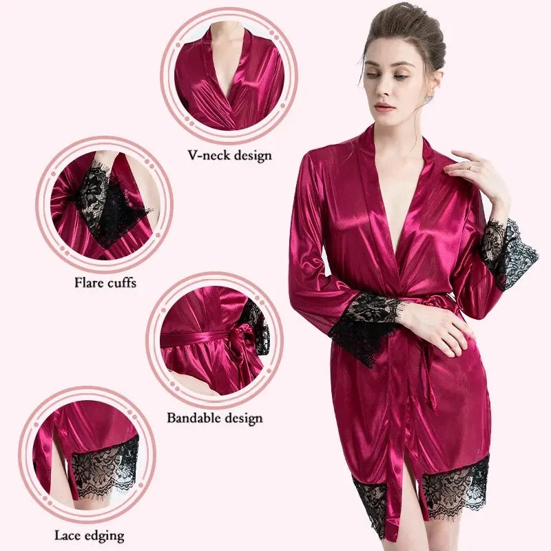 Female Sleepwear Lace Patchwork Long Bathrobes Ladies Nightgown Soft Silk Dressing Gown Bathrobe For Women