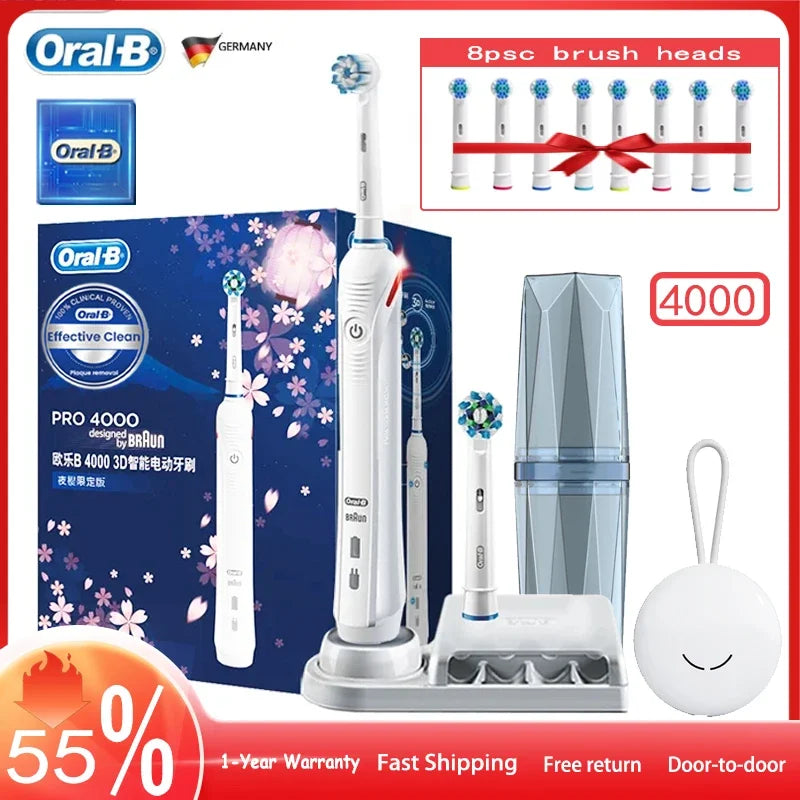 Original Oral B Pro 4000 Full Set Ultrasonic Toothbrush 3D Action Visible Pressure Monitor Electromagnetic Induction Charging Electric Toothbrush USA Origin