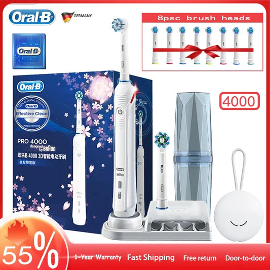 Original Oral B Pro 4000 Full Set Ultrasonic Toothbrush 3D Action Visible Pressure Monitor Electromagnetic Induction Charging Electric Toothbrush USA Origin