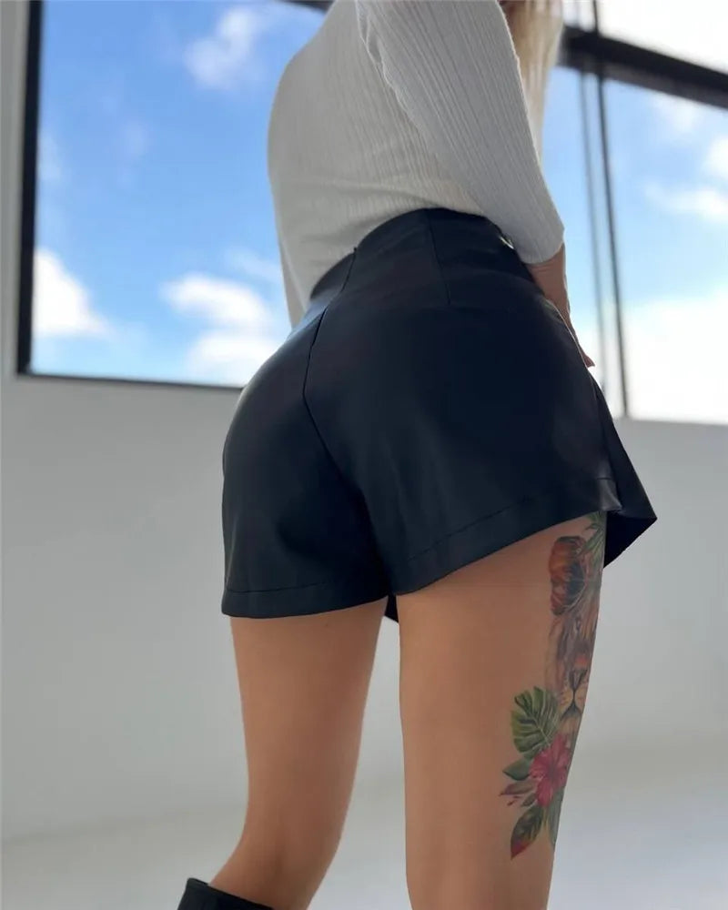 NEW Arrivals Silver/Brown/Black  Women Shorts High Waist Sexy Elegant PU  Leather Skirts Office Lady A-Line Asymmetrical Bottom Evening Party Night Clubwear Workwear Girls Sexy Apparel Accessories