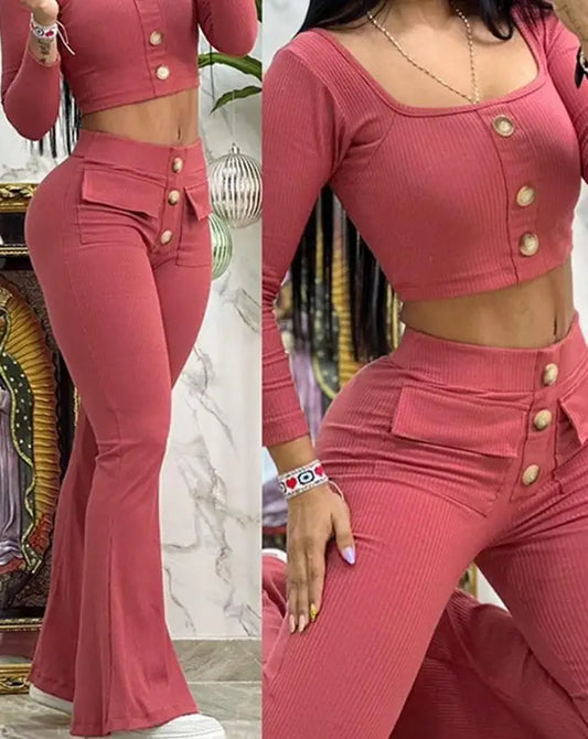New Fashion Red/Blue 2PCS Set Summer Streetwear Elegant Women Evening Beach Party Night Club Outfit Square Neck Buttoned Sexy Top & Pocket Design Flared Pants Set Ladies Girls Casual Fashion Clothing Supplies