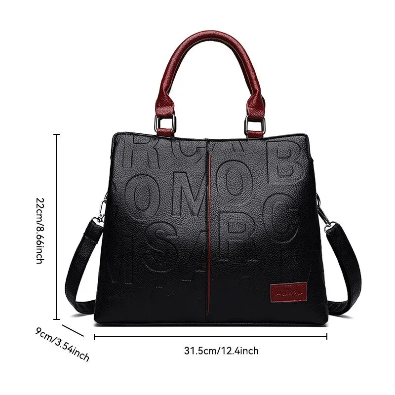 New Fashion Solid Color Shoulder Large Capacity Soft Leather Cloth Letter Embossed Ladies Handbag