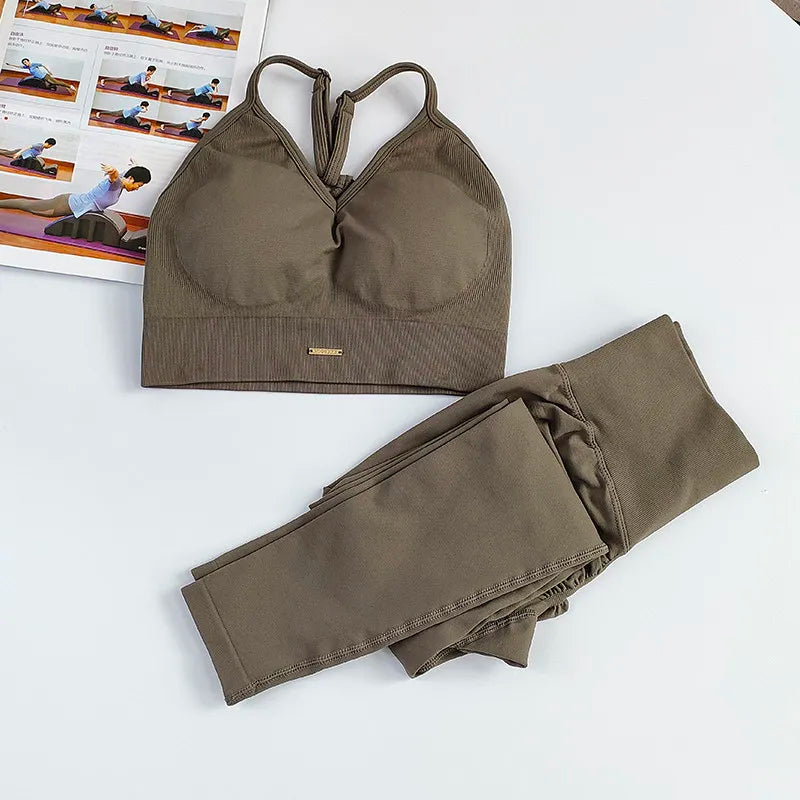 2 PCS Set Seamless Yoga Suit Women Sports Bra High Waist Leggings Gym Outfit Gym Set Fitness Workout Clothes Pilates Wearing Sportswear