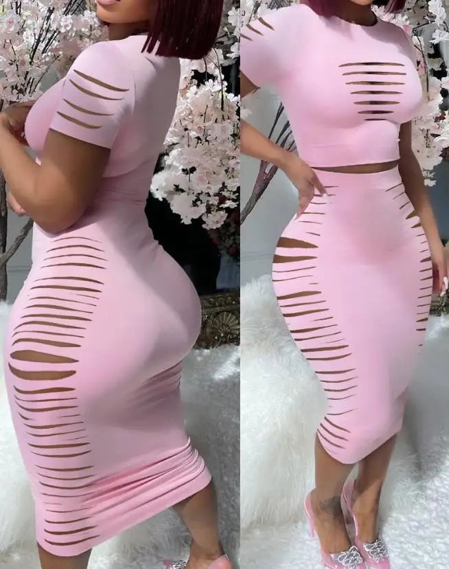 Women 2PCS Sets Elegant Sexy Evening Beach Party Night Club Outfit Short Sleeve Top & High Waist Skirt Set New Fashion Summer Casual Female Suit Ladies Girls Fashion Clothing Supplies