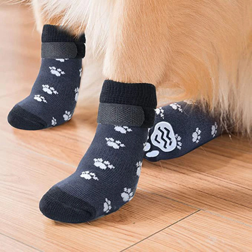 4Pcs Winter Warm Dog Socks Adjustable Anti Slip Skid Pet Shoes Socks Soft Breathable Paw Protector for Small Puppy Cat Dogs