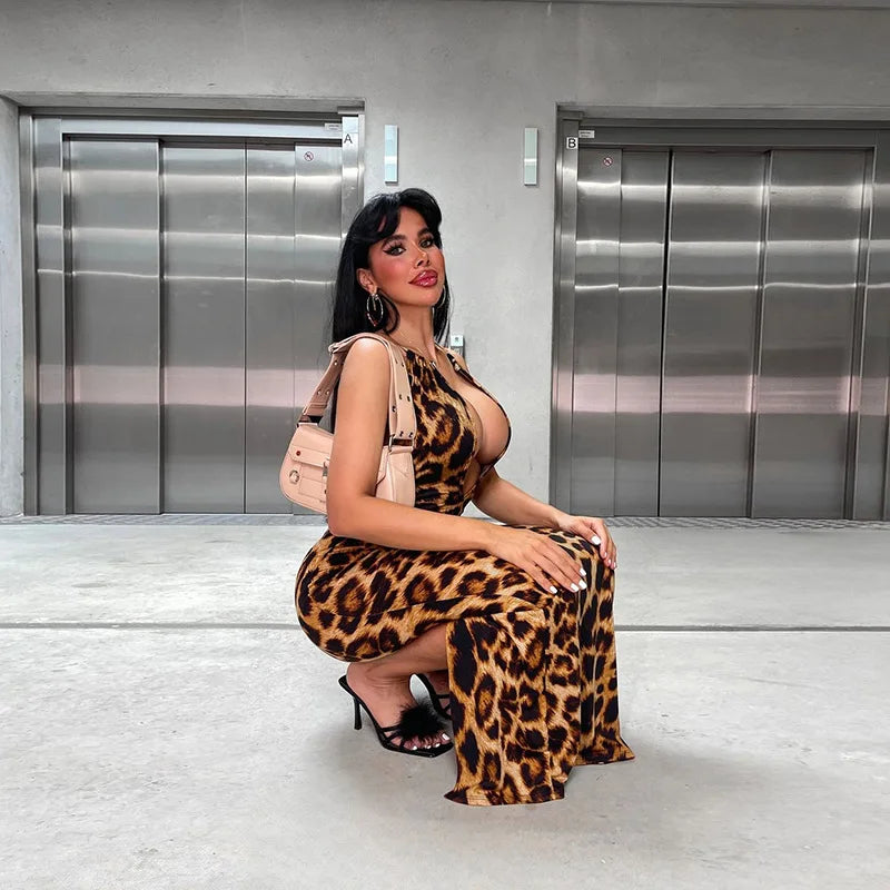 NEW Arrivals UK Size Lady High Street Partywear Women Elegant Leopard Halter Dress Sexy Backless Deep V-Neck Slim Long Dresses