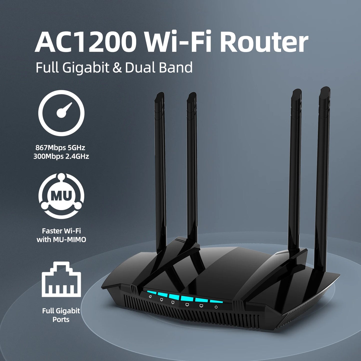 PIX-LINK AC1200 Dual Band Gigabit WiFi Router 1200Mbps 5GHz/2.4GHz MU-MIMO WPA3 4 Antennas Full Gigabit Ports Cover 300m²