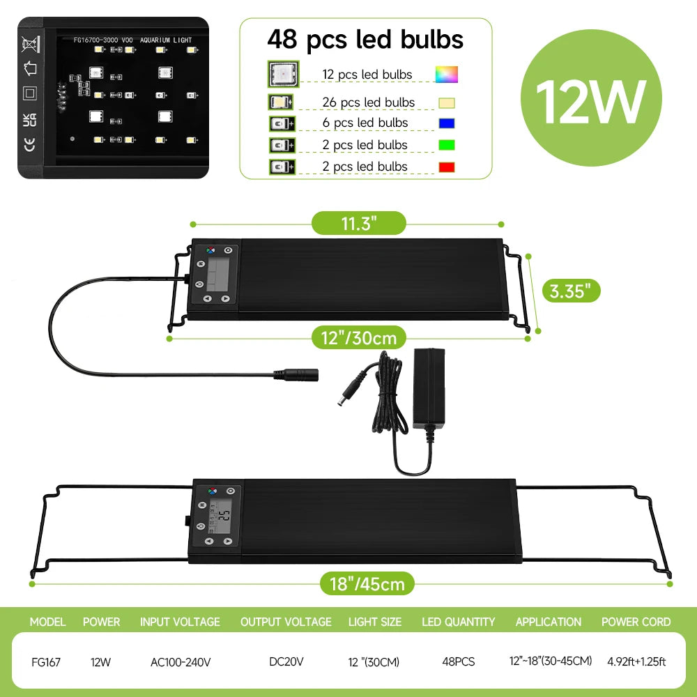 30-45-60cm Fish Tank 24/7 Full Spectrum Lighting LED Light Aquarium Decoration Aquatic Plant Growth Lamp IP68 Waterproof 100V-240V
