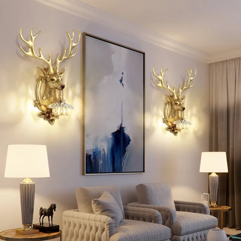 American Retro Lucky Deer Head Warm and White Lighting Wall Lamps Living Room Bedroom Restaurant Hotel Atmosphere Decorate Crystal Antlers Wall Sconces
