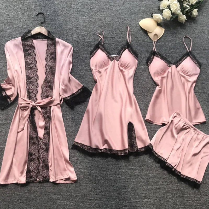 NEW 4PCS Set S-3XL Plus Size 6 Colors Chubby Women's Sexy Lace Pajamas Fashion V-Neck Satin Gown Comfort Pajamas with Chest Pads Nightdress Ladies Luxury Sleepwear Suit