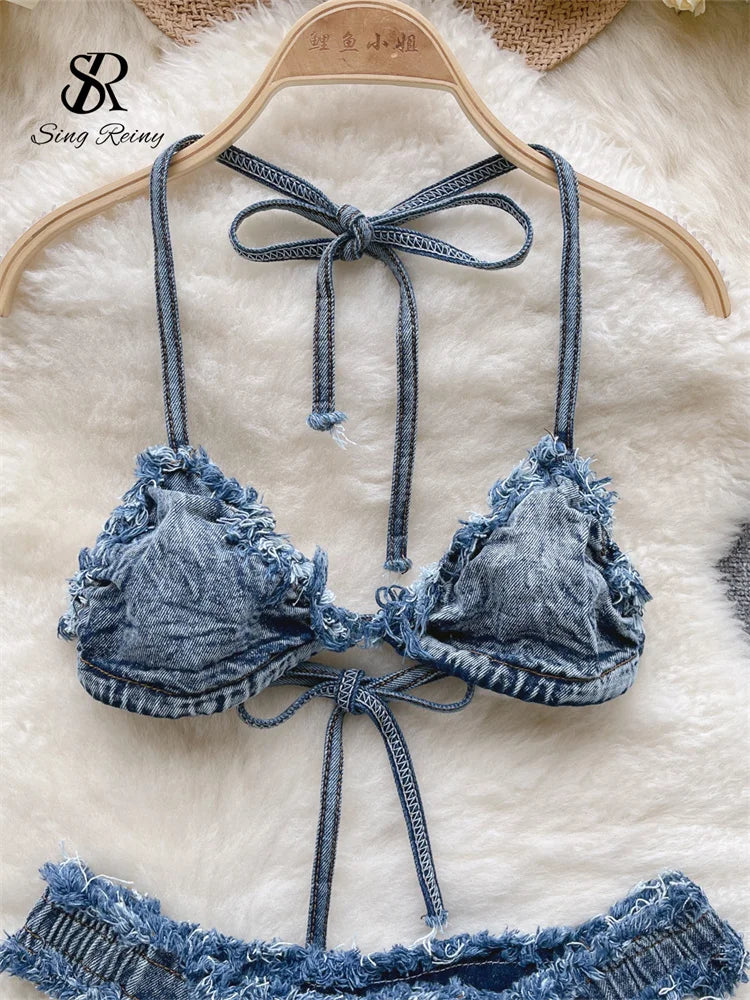 SINGREINY Beach Sensual Denim Sets Women Halter Straps Camis+Raw Edge Mini Briefs Underwear Fashion Lingerie Retro Erotic Suits