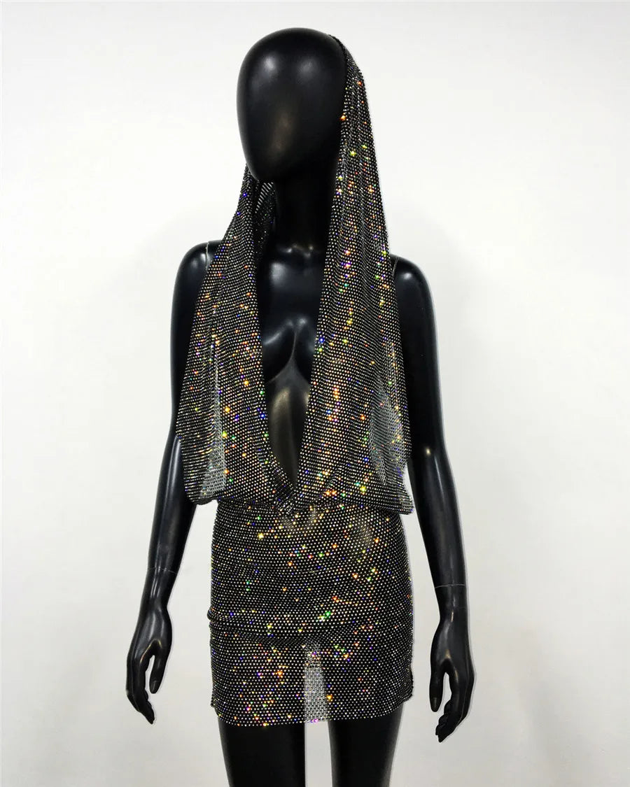 NEW Arrivals UK Size White/Black Color Y2K Streetwear See Through Mesh Women Dress Shiny Rhinestone Bandana Head Wraps Dress Rave Festival Women Clothing For Nightclub