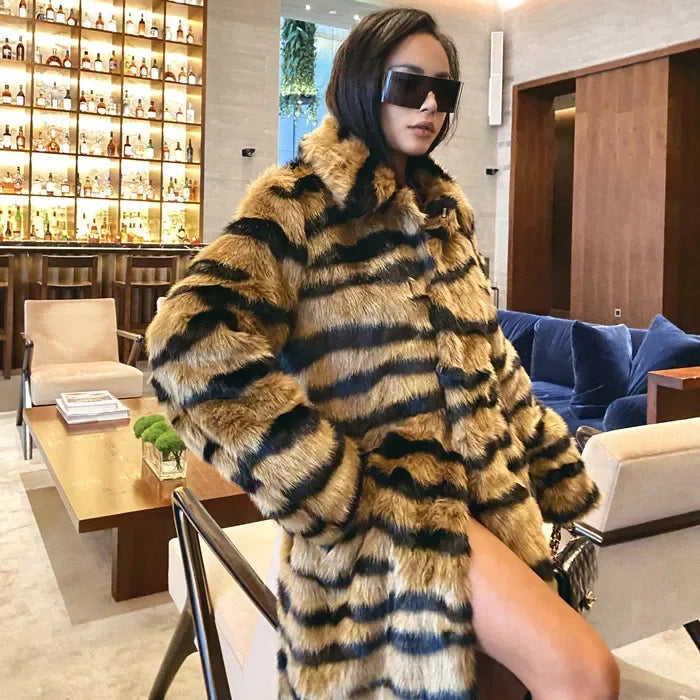 NEW HOT SALE S- 8XL Women Girls Luxury Italian Style Tiger Faux Fur Winter Warm Snow Clothes High Quality Outerwear Coat Casual Overcoat Female Ladies Fashion Clothing