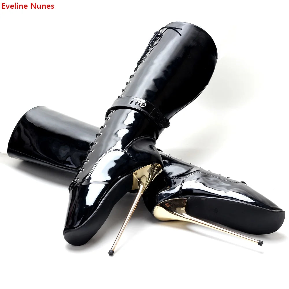 Ballet Lace Up Mid Boots New Arrival Women's Solid Summer Round Toe Super Metal Thin Heel 20CM Fashion Sexy Black Shoes