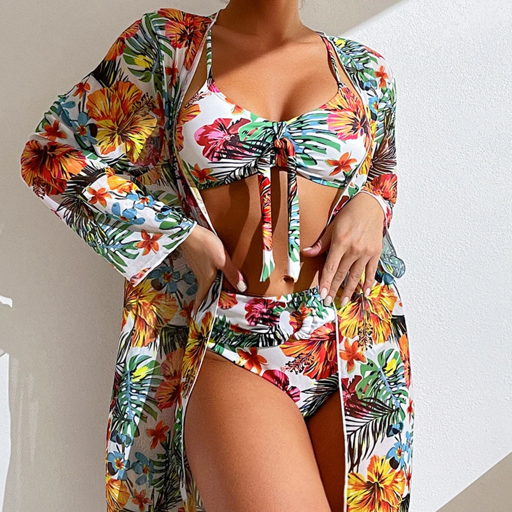 NEW!!! Sexy High Waisted Bikini Three Pieces Floral Printed Swimsuit Women Bikini Set With Mesh Long-Sleeved Blouse Size S-3XL