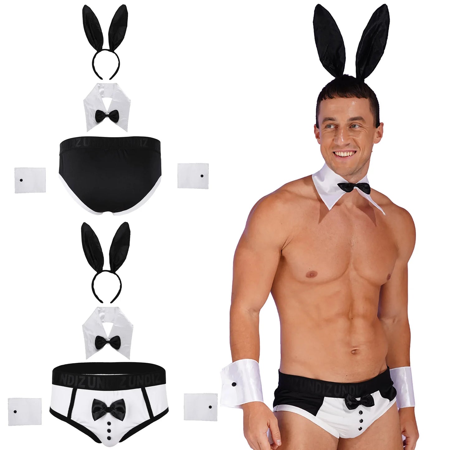 Men Gay Nightwear Tempting Sets Bowknot Briefs with Bunny Ears Headband Bowtie Collar And Cuffs Set for Lingerie Role Play Costumes Supplies Gay Sexy Fashion Clothing Products