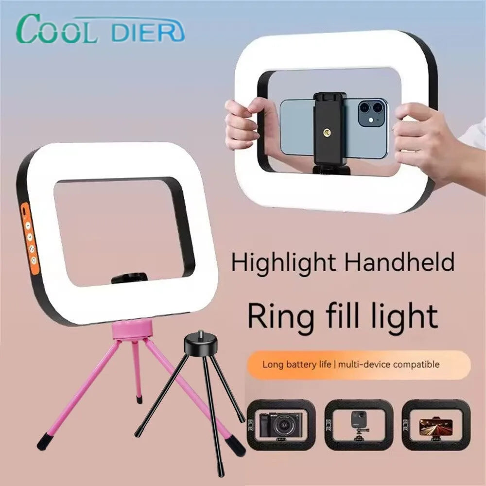 New Pink/Black Color + Tripod Handheld Ring LED Rechargeable Fill light Portable Mobile Phone Live Broadcast Photography Desktop Rabbit Cage Selfie Light