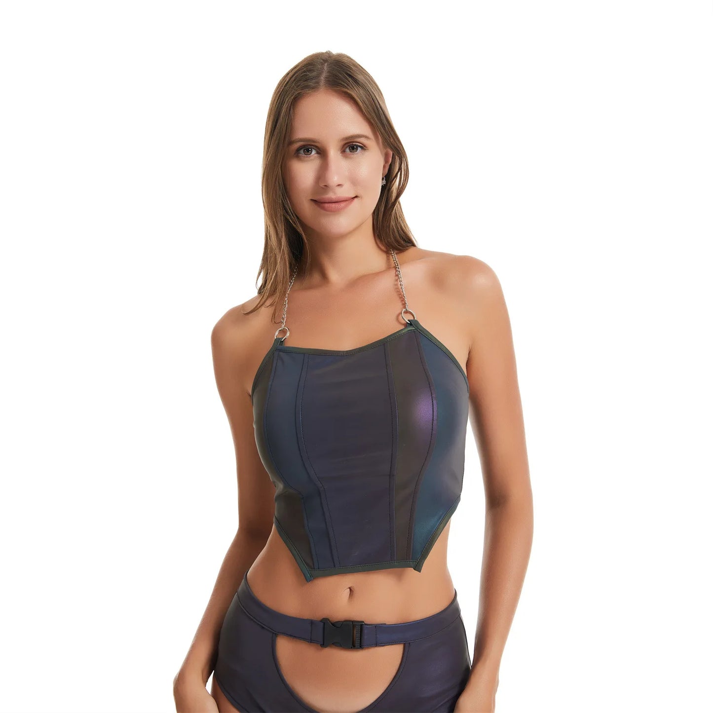 NEW Arrivals Reflective Lights Crop Top Women Female Bodycon Chain Halter Tank Luminous Tops Sexy Colorful Summer Evening Beach Rave Party Night Club Dance Tech-Wear Ladies Girls Luxury Fashion Clothing Accessories Supplies