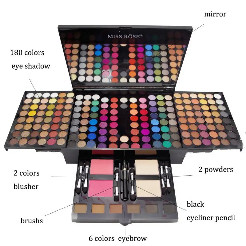 Diverse Miss Rose Professional Highly Pigmented 180 Color Eyeshadow Eyeshadow Palette Blush Powder Makeup Sets Long-lasting