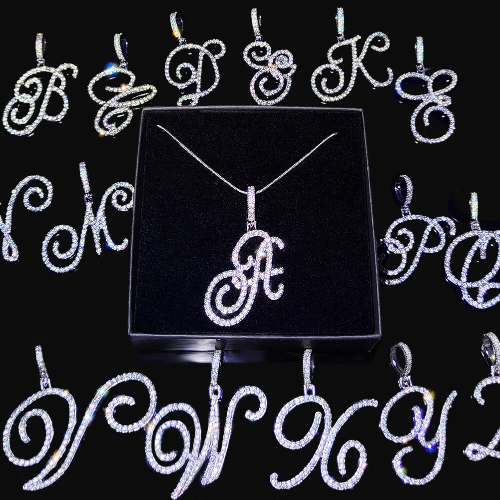 Women’s A-Z Rhinestones Initial Letters Pendant Necklace, CZ Paved Initial Charm with Snake Chain, Elegant Iced Out Bling Jewelry Gifts
