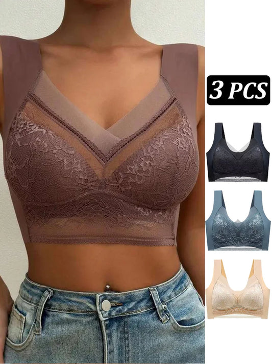 NEW Arrivals 3PCS Set L-(45-50KG) 5XL(100KG) Women Lace Bra Bralette Push Up Perspective Ice Silk Deep V Bra Sexy Lingerie Tops Plus Size Cup Mom's Underwear Chubby Ladies Underwear