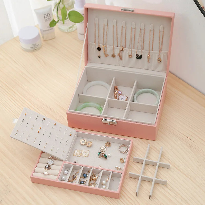 NEW Arrivals 10 Colors Double-Layer Leather Luxury Jewelry Box Gold Ring Box Jewelry Boxes and Packaging Necklace Earring Jewelry Storage Organizer and Makeup Case