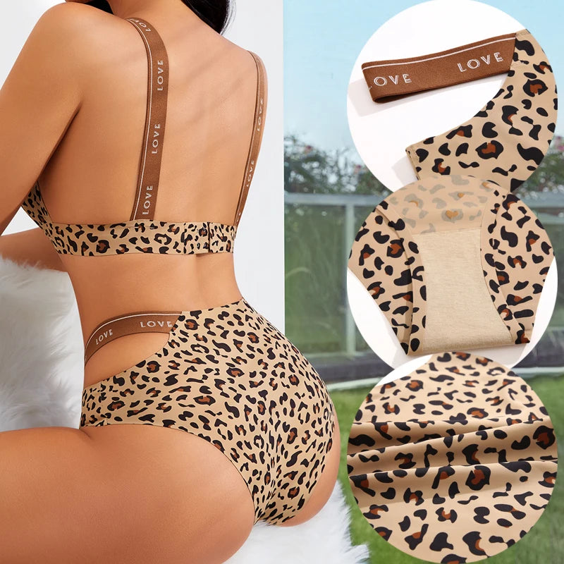 Seamless Sexy Leopard Bras Set for Women Push Up Bras Hollow Out High Elastic Waist Briefs Female Breathable Soft Underwear S-XL