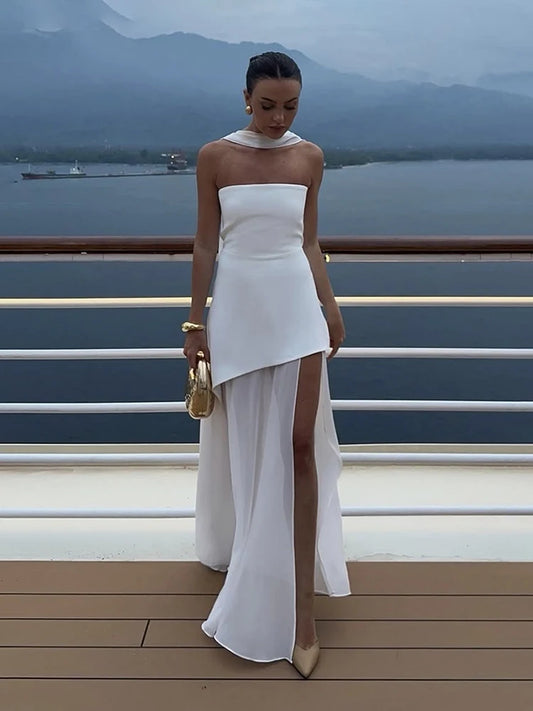 NEW Arrivals UK Size 4 Colors Italian Luxury Fashion Strapless Dress With Ribbon Female Elegant Sleeveless Mesh Evening Beach Night Club Sexy Long Dress Spring Summer Ladies Luxury Fashion Clothing Supplies