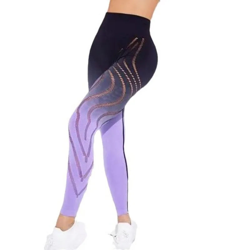 Women Gradient Hollow Out Leggings Seamless Slim Tights High Waist Hip Lift Knited Sports Pants Workout Running Yoga Leggings