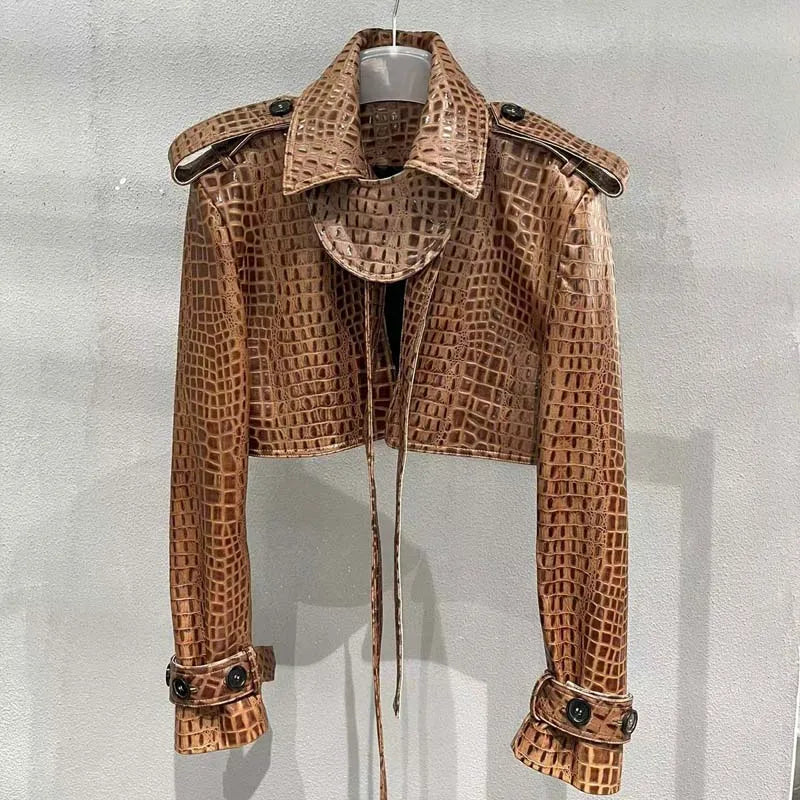 Women Coat Spring And Autumn New Arrival Genuine Leather Jacket With Long Belt Imitation Crocodile Texture Real Sheepskin