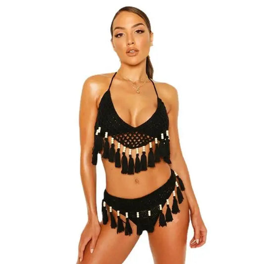 NEW Arrivals Sexy Black Crochet Bohemian Bikinis Set Women Handmade Beading Tassel Knitting Bathing Suit Swimsuit New Micro Swimwear Ladies Girls Summer Beachwear
