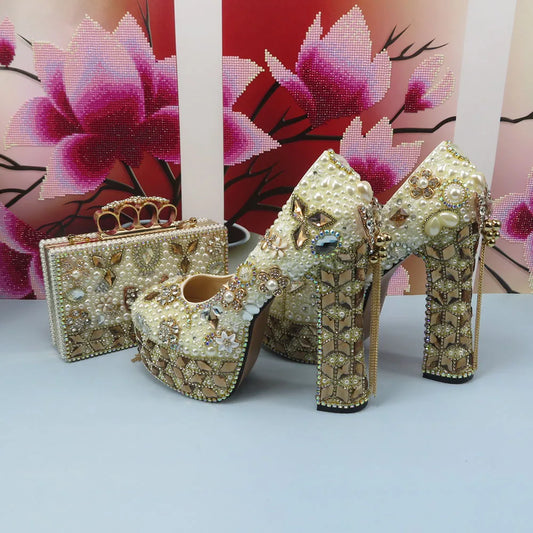 Italian Fashion Champagne Gold Wedding Shoes and Bag Set Woman 14cm High Pumps Thick Heel Evening Party Night Business Shoes Matching Bag Round Toe Pumps Ladies Luxury Fashion Apparel Accessories Clothing Supplies