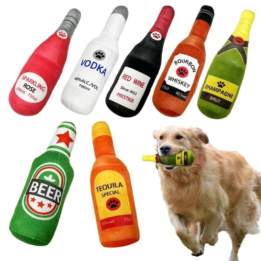 NEW Arrivals Creative Beer Champagne Vodka Bottle Shaped Plush Dog Squeaky Toys Soft Small Large Dog Interactive Bite-Resistant Clean Chew Toy Pet Accessories