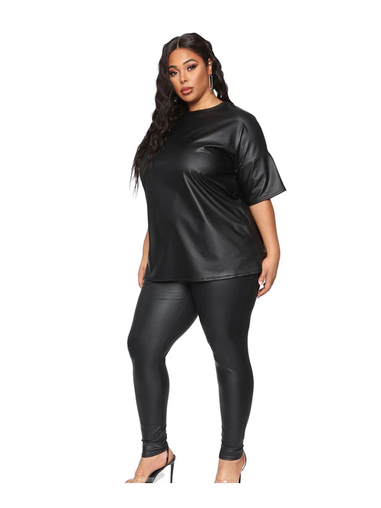 2 PCS Set XL-5XL Plus Size For Curvy Women and Big Girls Summer Clothes Leather Night Clubwear Outfit  Short Sleeve Blouse Top and Stretchy Leggings Ladies Suits in Black