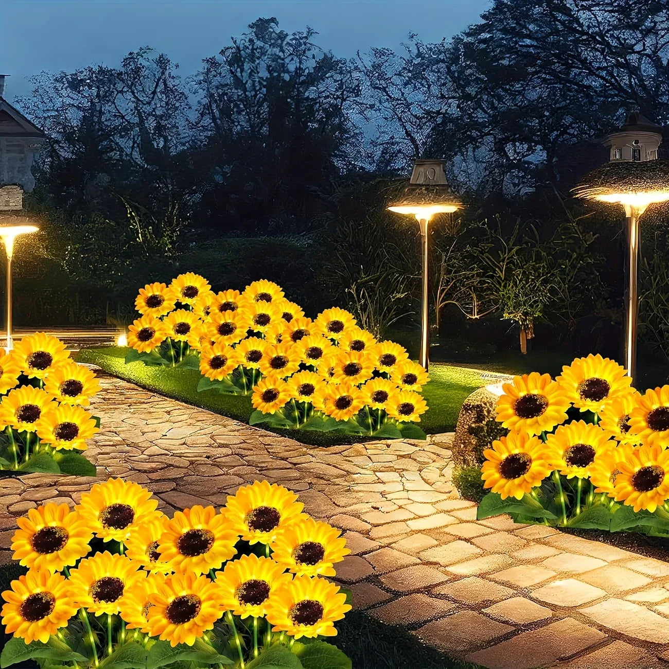 NEWEST 2PCS Set 75CM 6 Head Solar Simulation Sunflower with Luminous Pole LED Lights Garden Yard Lawn Night Lights Landscape Decor Lamps Home Garden Decoration Supplies
