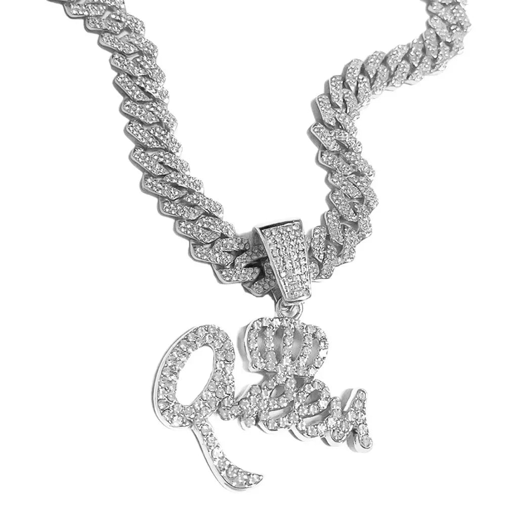 Silver/Gold Color Hip Hop Queen Letter Pendant Cuban Chain Necklace Fashionable Trendy Brand Diamond Embedded Jewelry Accessory