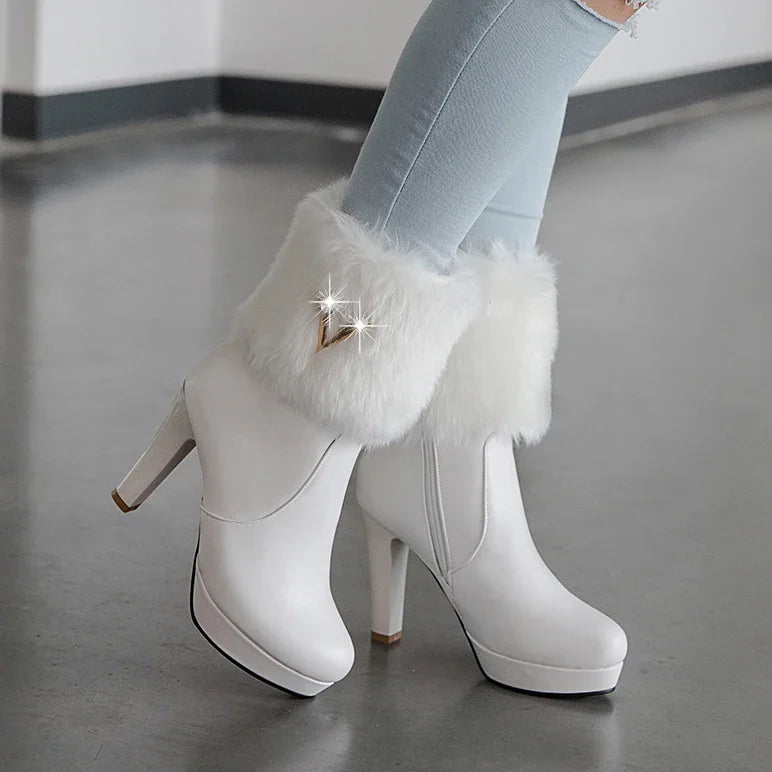 NEW Arrivals Luxury Snow Raccoon Fur Boots Women Autumn Winter New Fur Round Head Zipper Crystal Thick Heel High Heels Short Tube Boats Ladies Shoes Size 35-43 White/Black/Pink