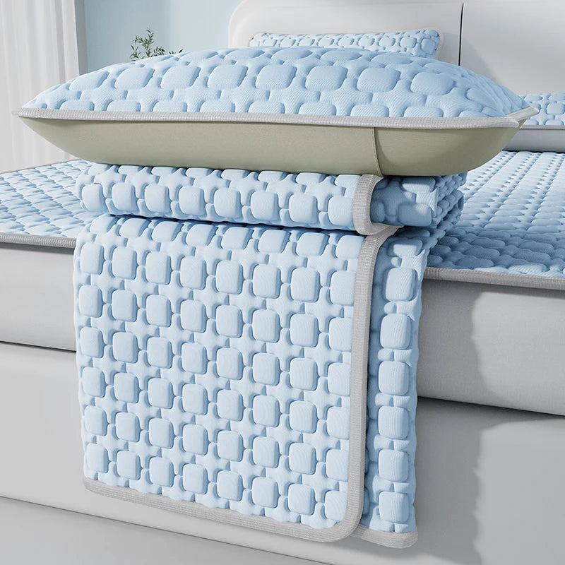 3 PCS Set New Summer Cooling Thicken Natural Latex Filling Summer Mat for Bed Cooling Feel Mattress Cover Bed Pad Pillowcase Ice Silk Bedsheet Set Home Bedding Supplies