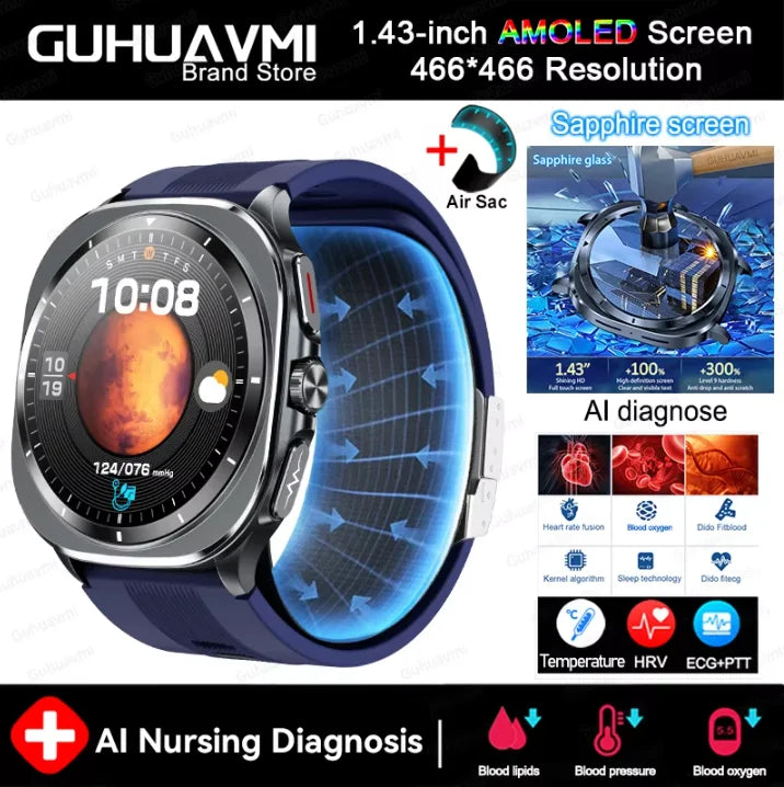 New Health Track Smartwatch NFC Air Pump Airbag Lipids ECG+PPG Uric acid Health BT Call Measure Health Smartwatch Men Women Sports Health Care Supplies